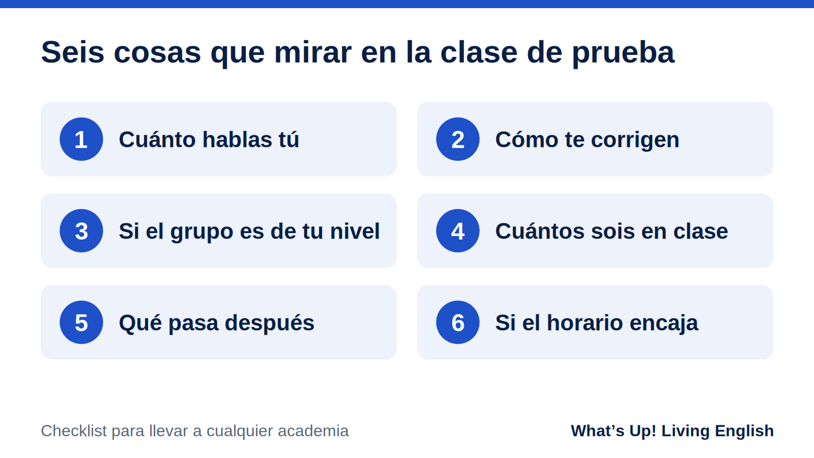 Checklist de seis puntos para evaluar una clase de prueba de inglés
